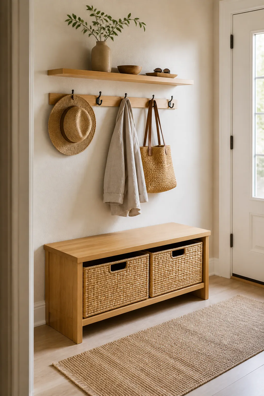Small entryway with shallow bamboo bench closed baskets and wall hooks