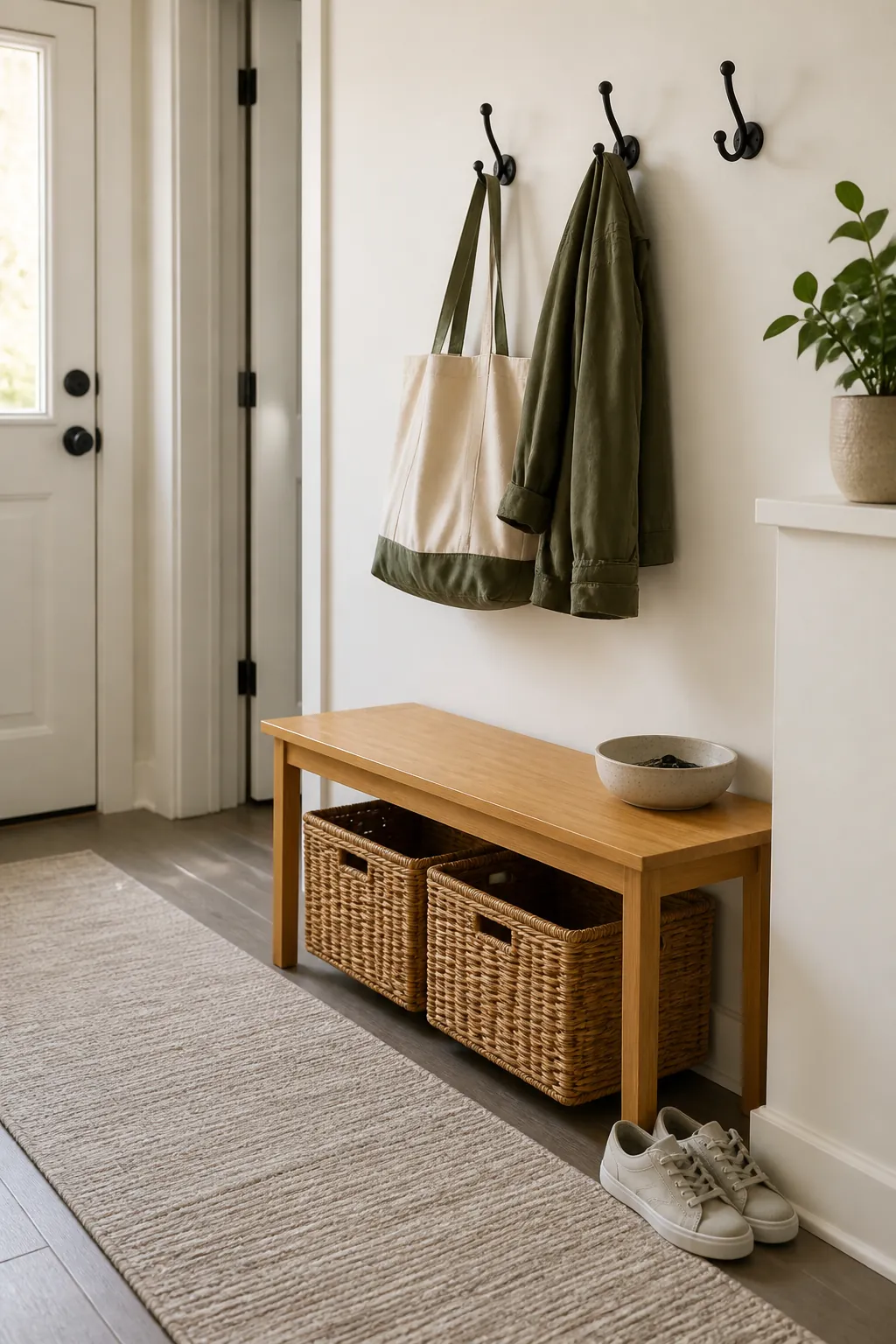 Tidy entryway drop zone with slim bench hooks and closed storage
