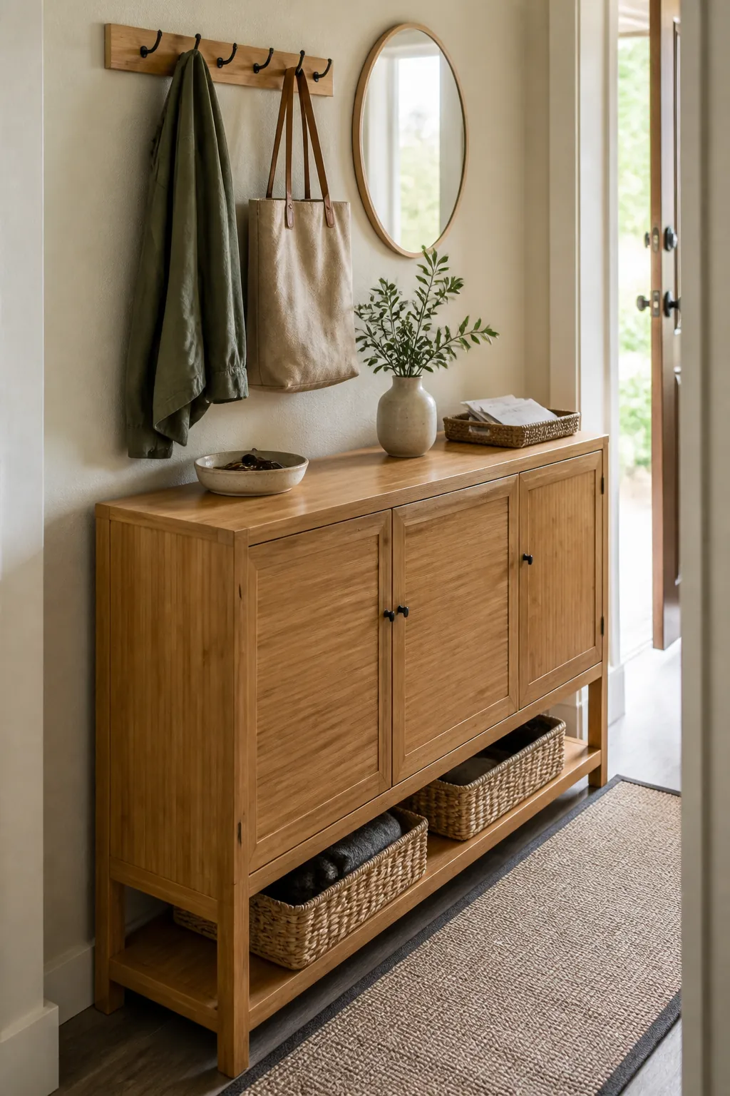 Entryway drop zone with closed shoe cabinet woven baskets and calm natural decor