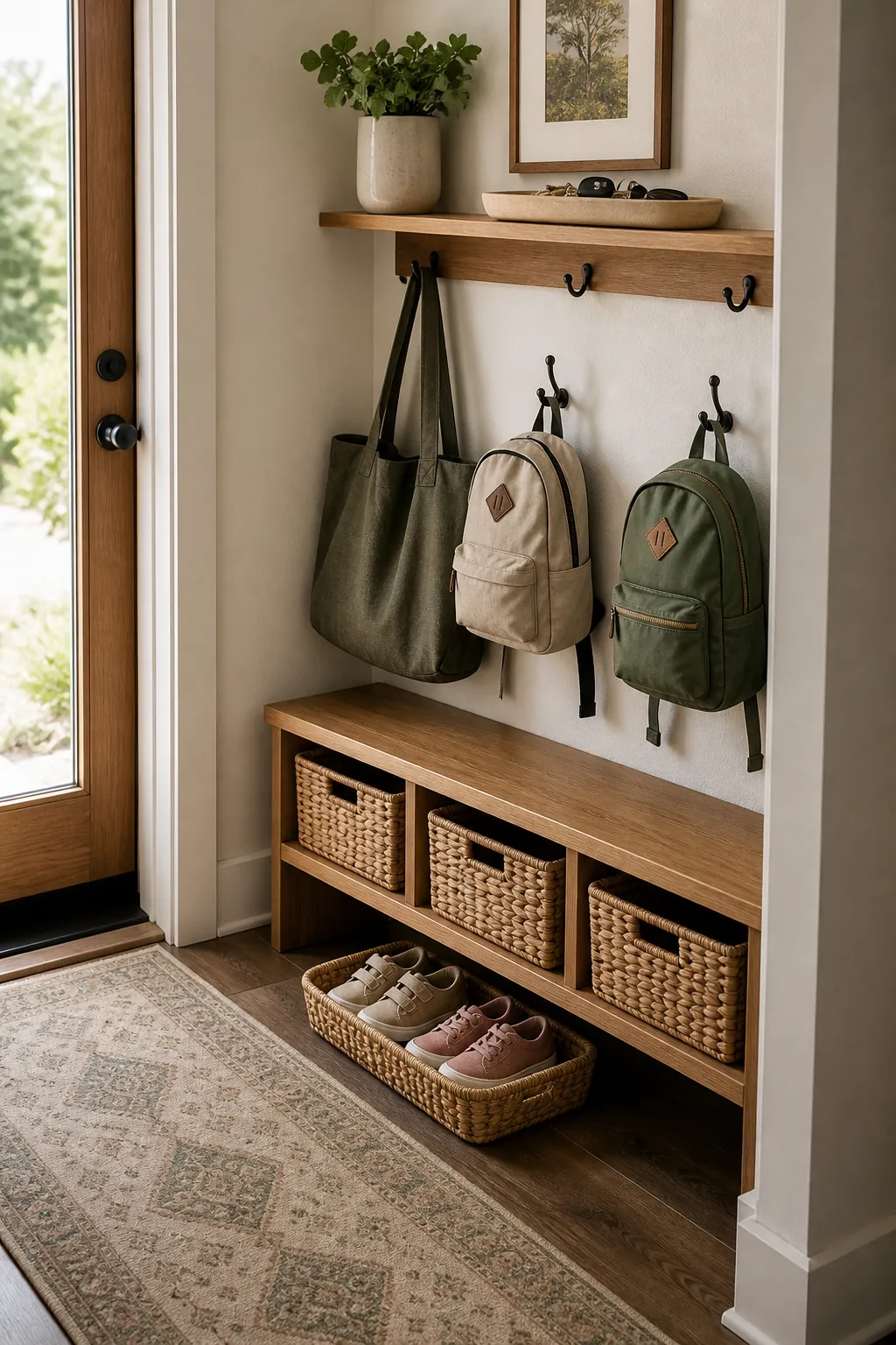 Wall hook rail and basket system for entryway drop zone