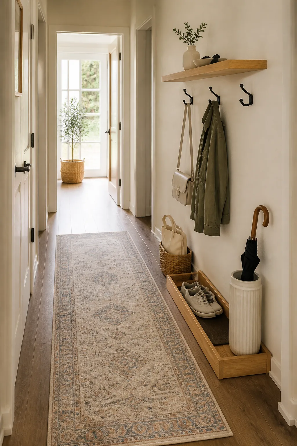Narrow hallway drop zone with runner rug vertical hooks and clear walkway