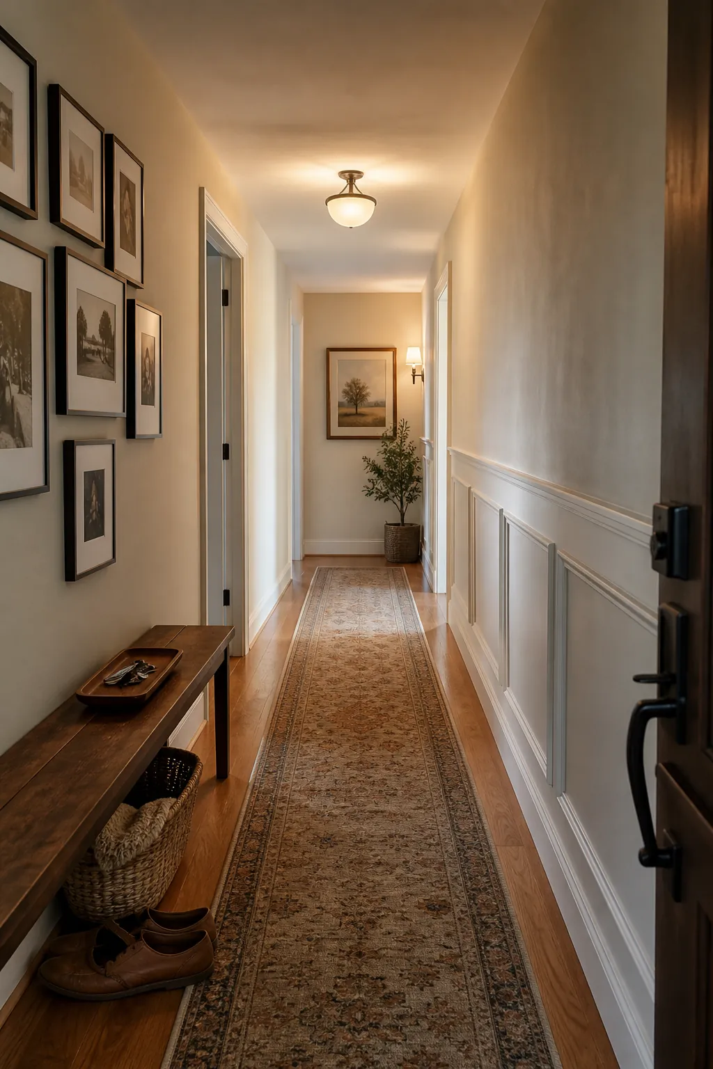 Warm long hallway with runner rug art lighting and inviting entryway details