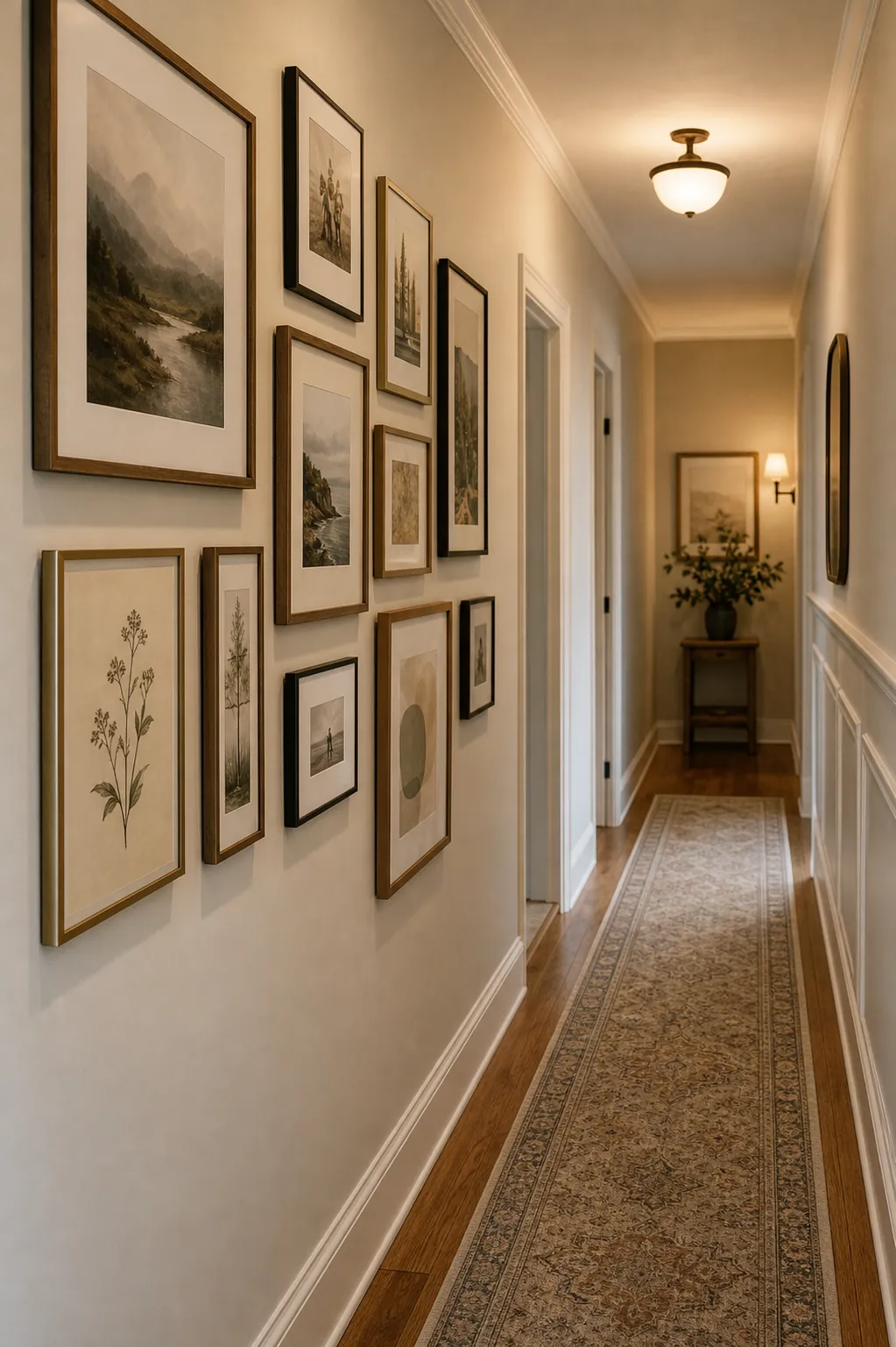 Warm gallery wall in a long hallway with balanced art spacing