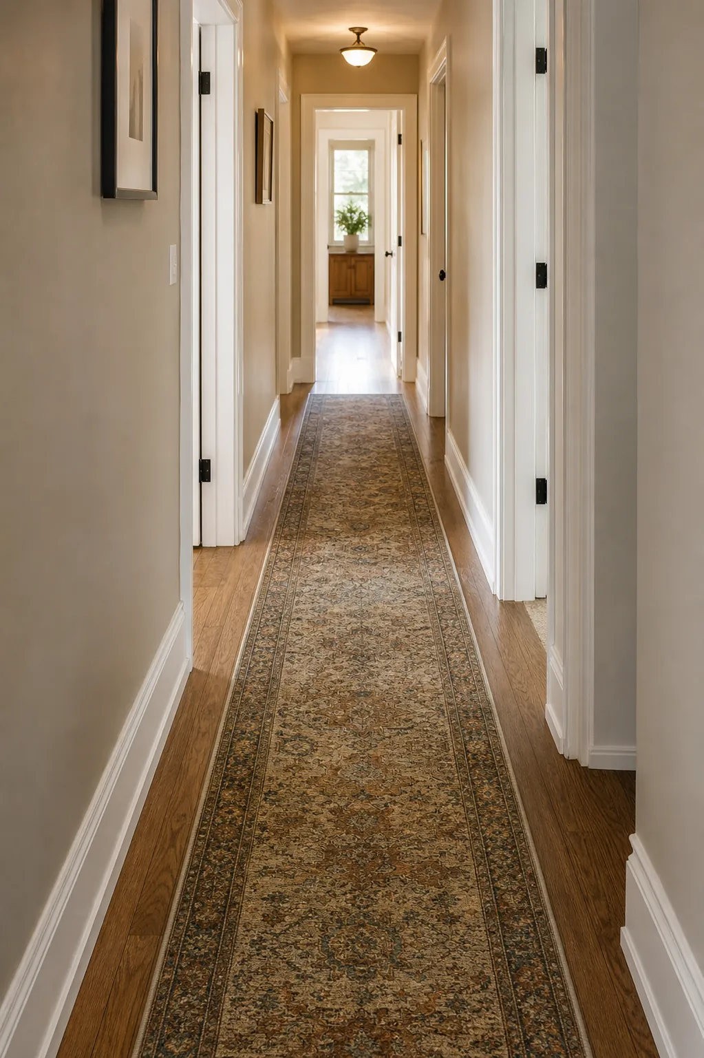 Patterned runner rug scaled correctly in a long narrow hallway
