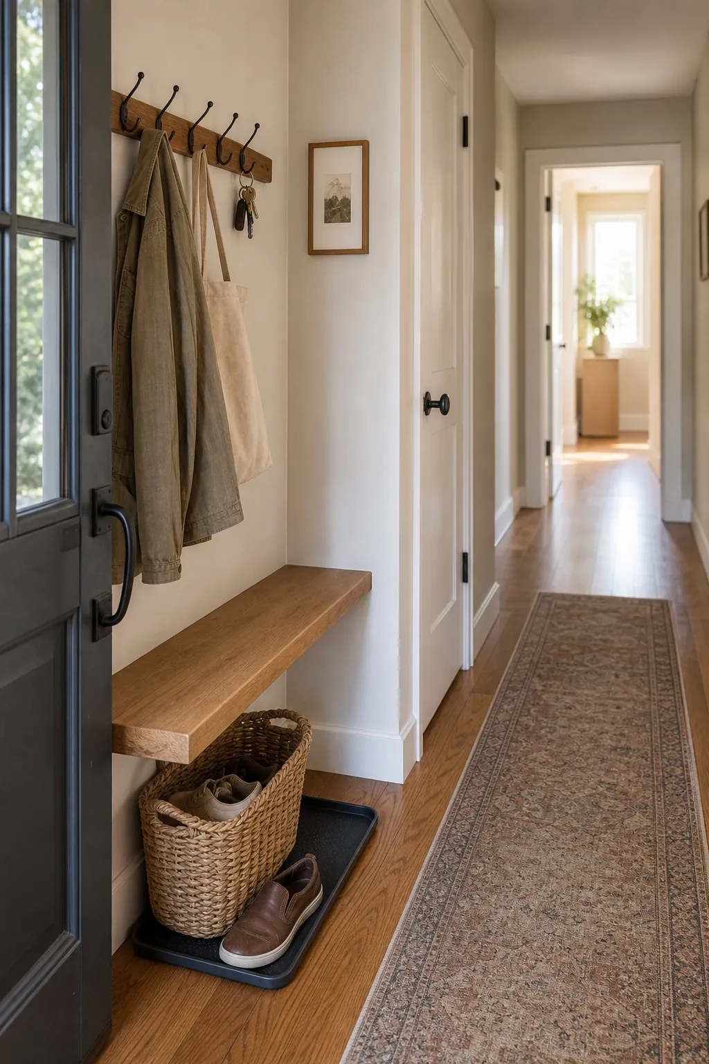 Long narrow hallway entry zone with slim bench runner rug and wall hooks