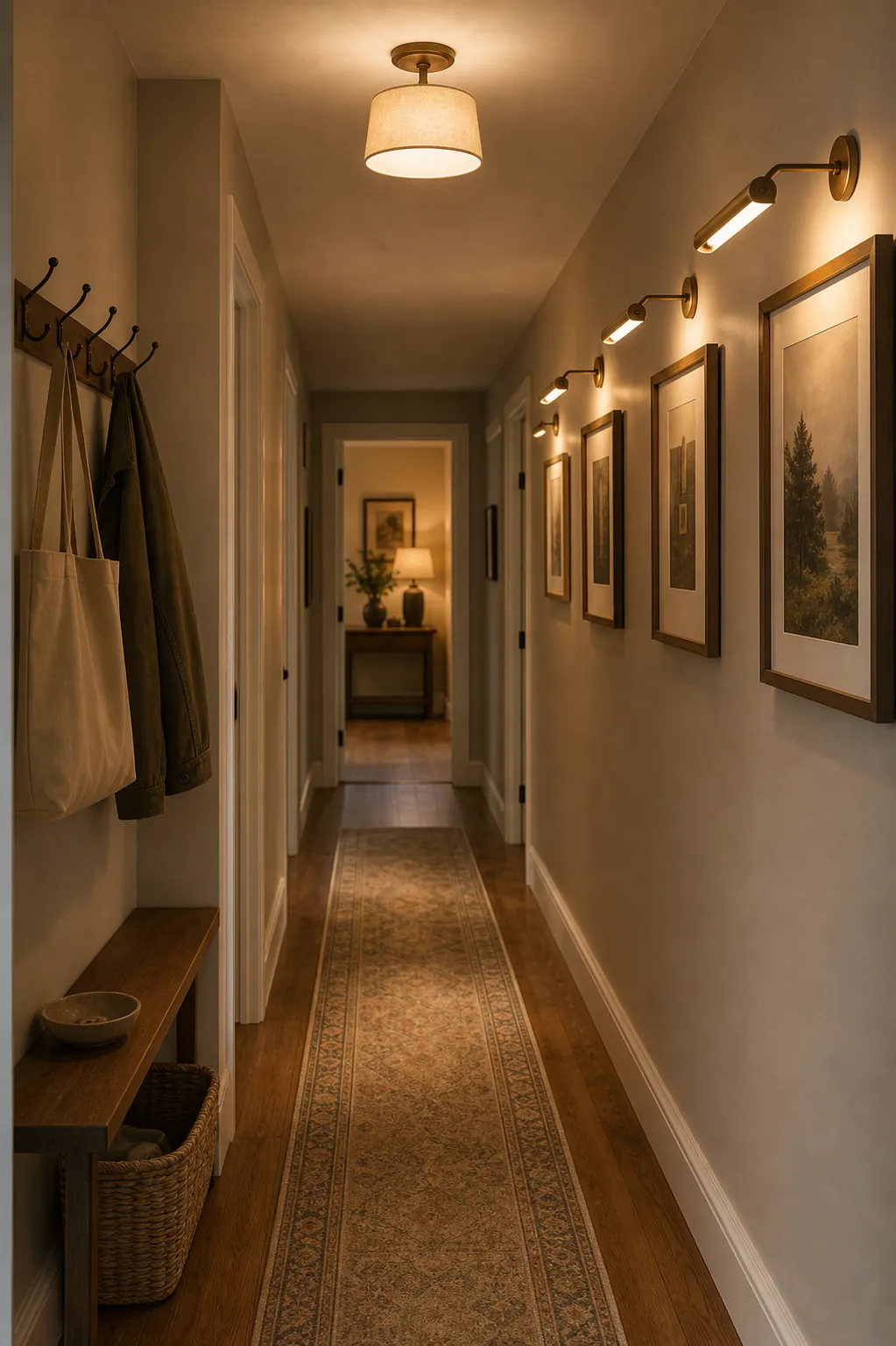 Long hallway with warm sconces and pendant lighting