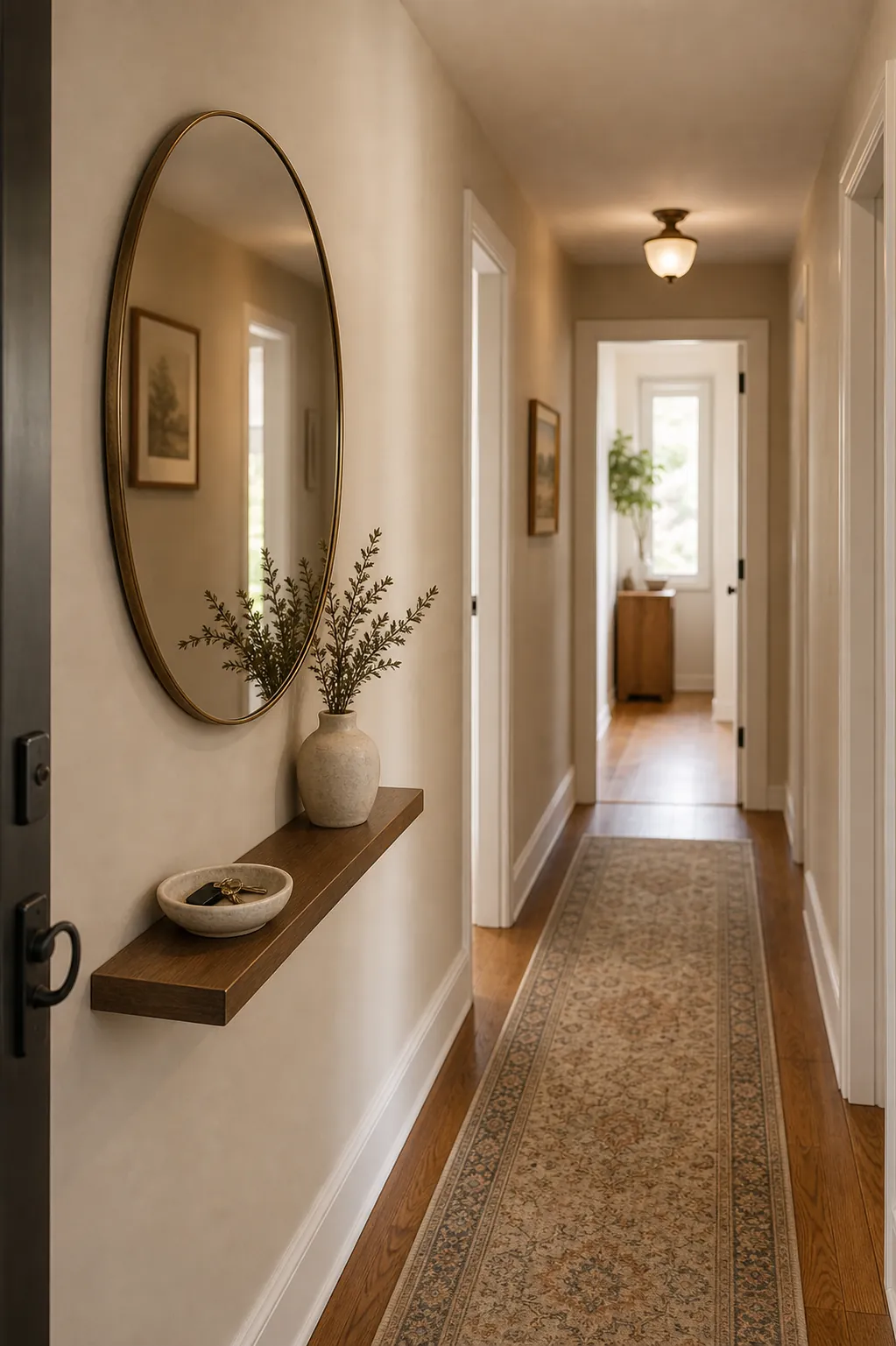 Round mirror reflecting warm light in a narrow entry hallway