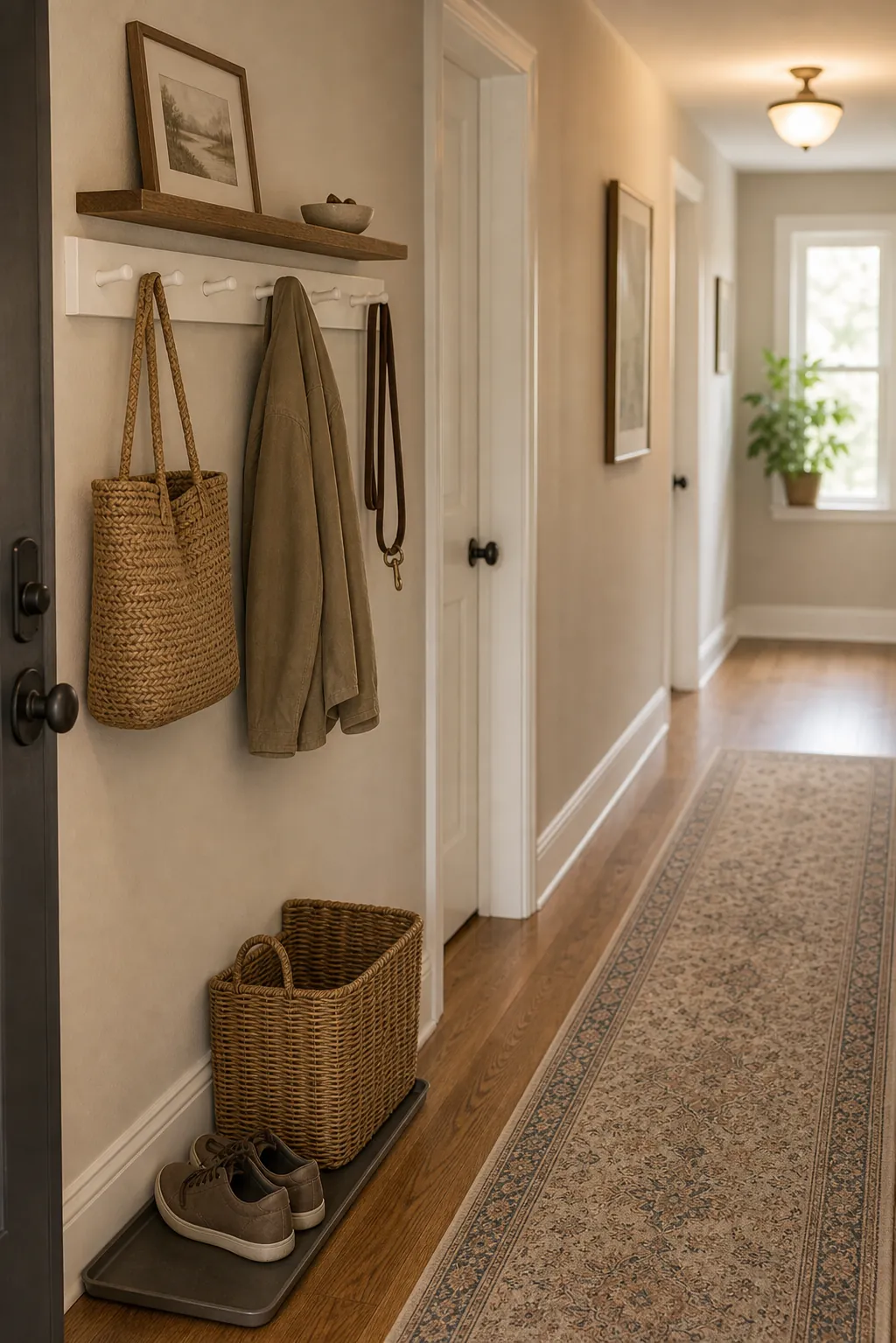 Shallow hallway storage with peg rail baskets and tidy shoe tray