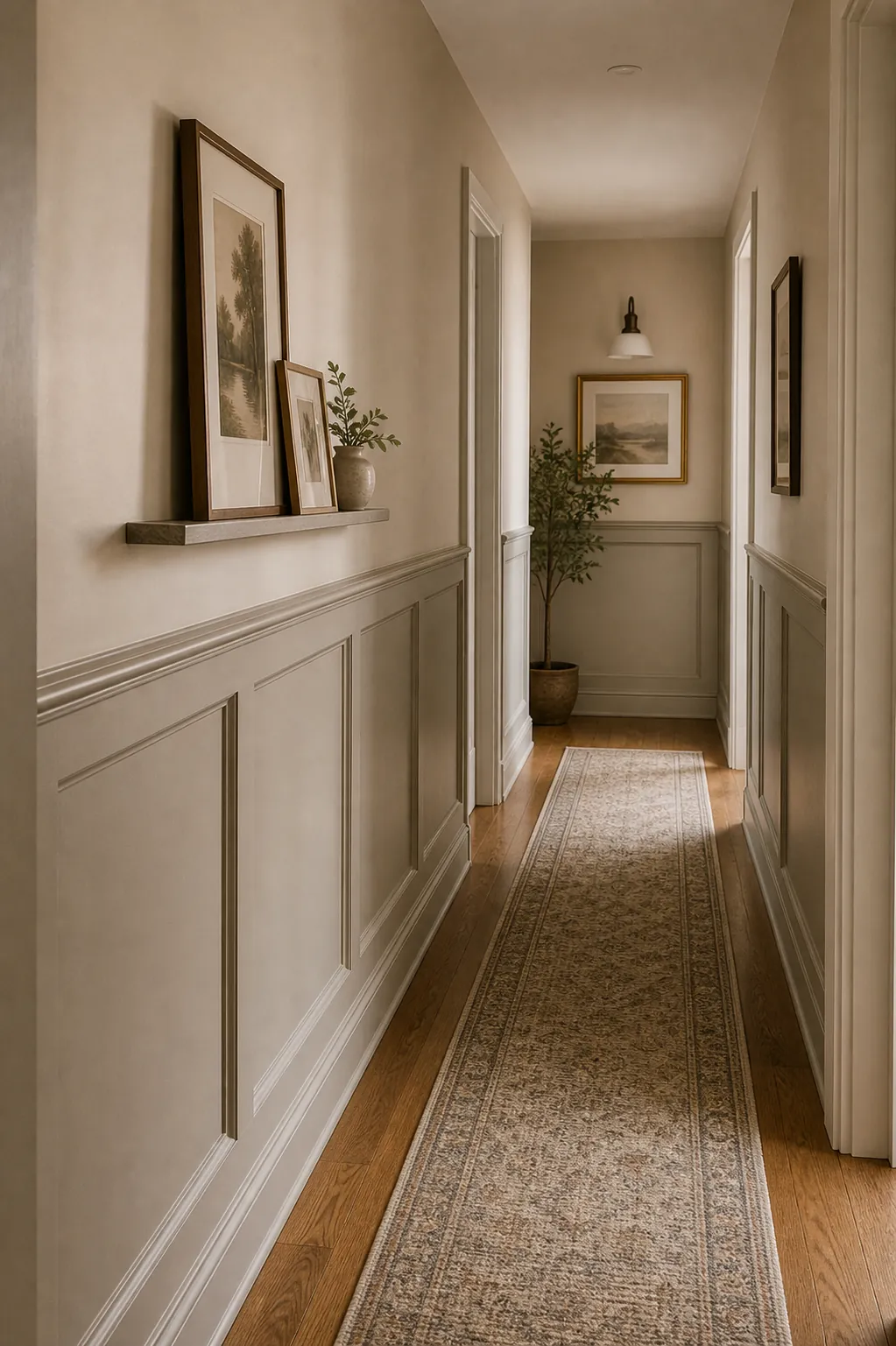 Long hallway with wainscoting warm paint and natural texture