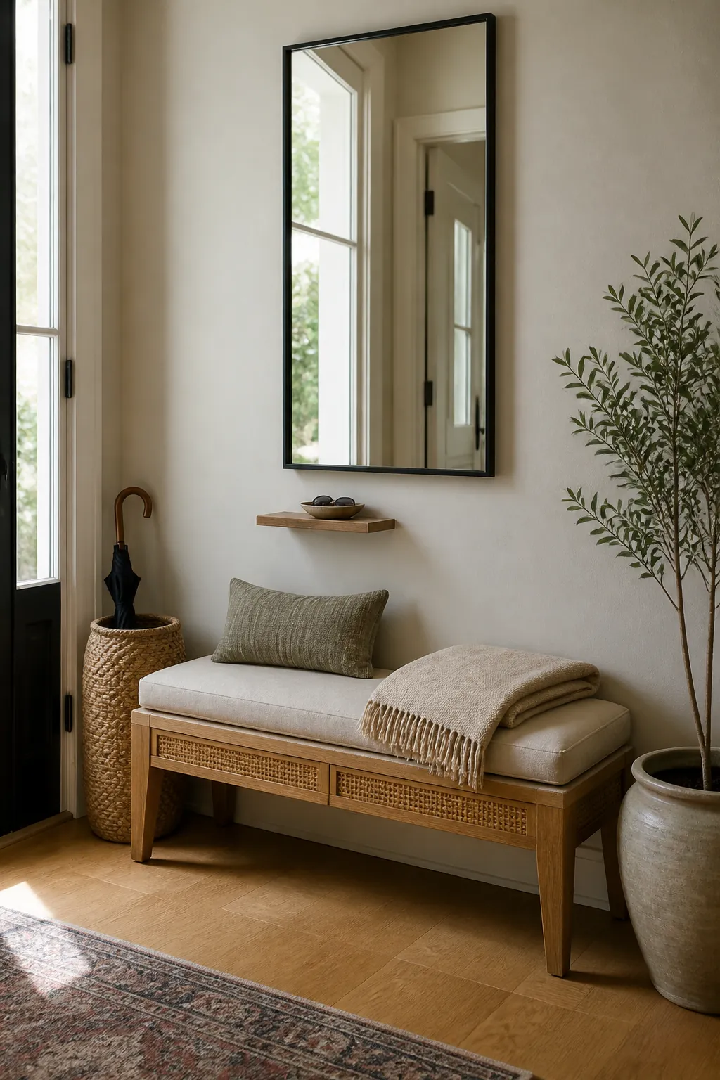 Mirror and bench entryway styling with balanced wall space