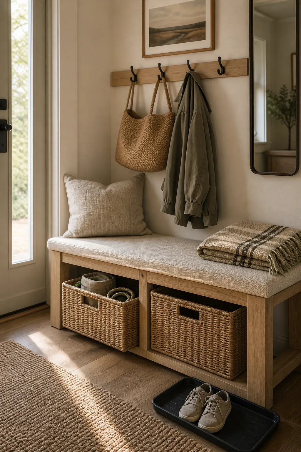 Entryway bench storage with woven baskets and tidy everyday items