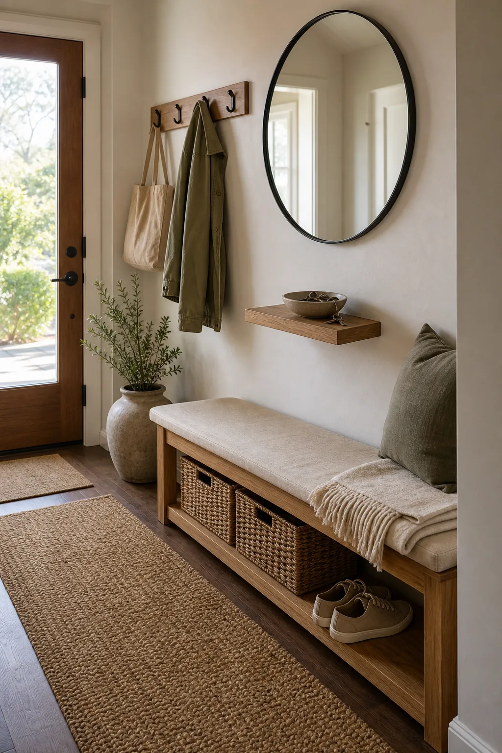Entryway bench with mirror, baskets, runner rug, and practical storage