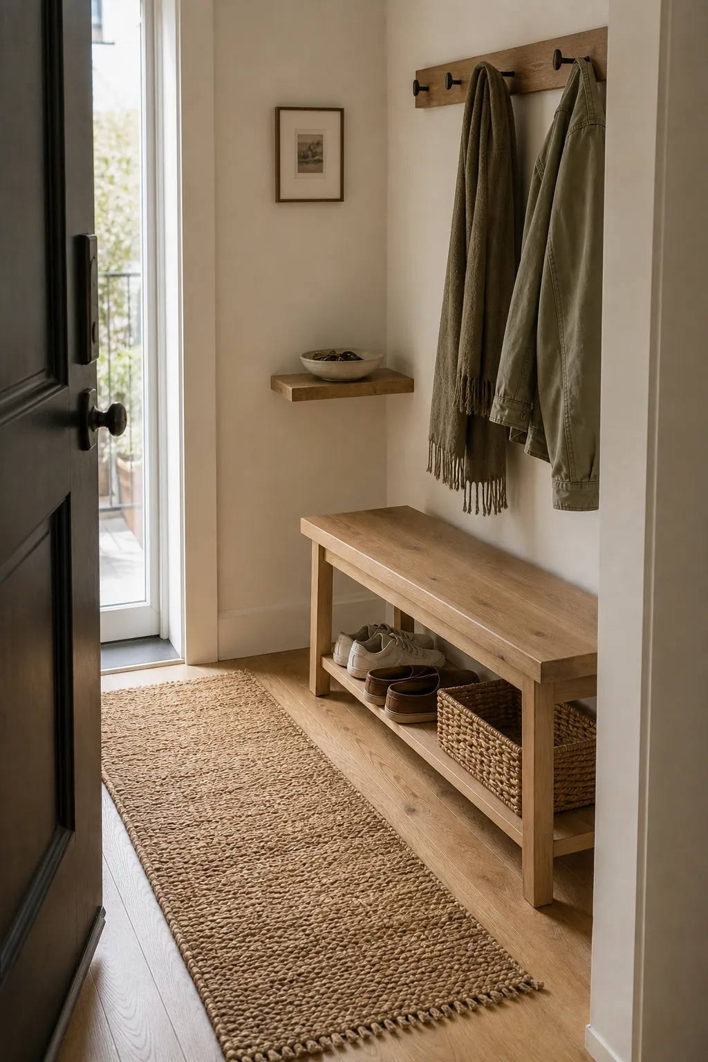Small entryway bench sized to keep the door and walkway clear