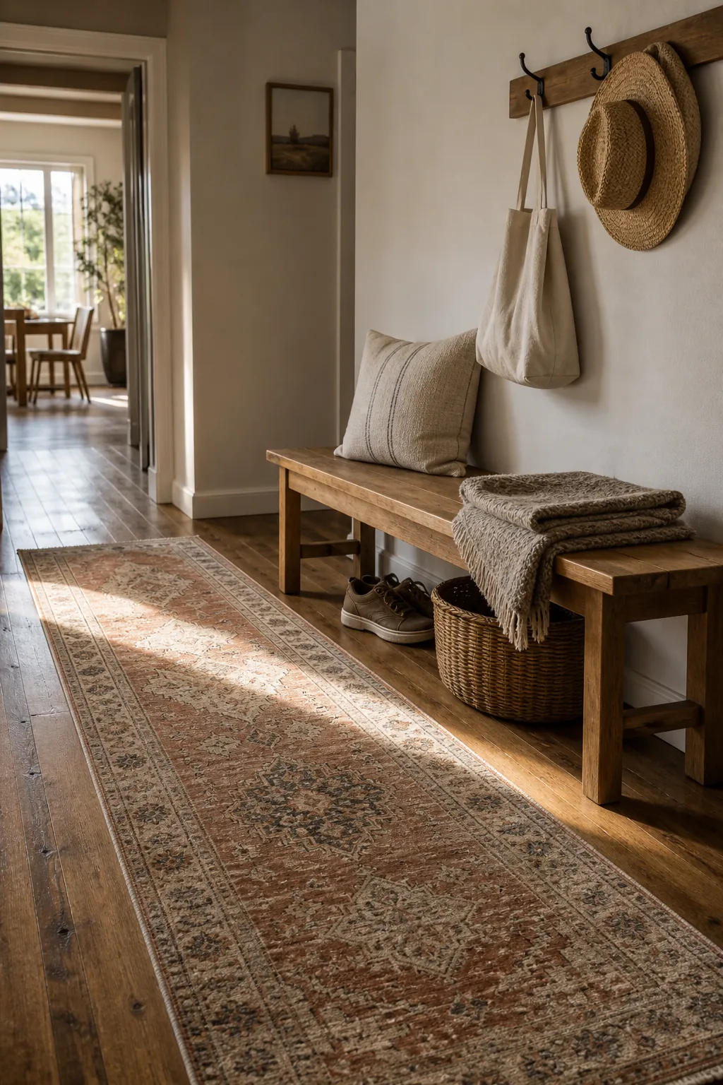 Entryway bench area anchored by a narrow runner rug