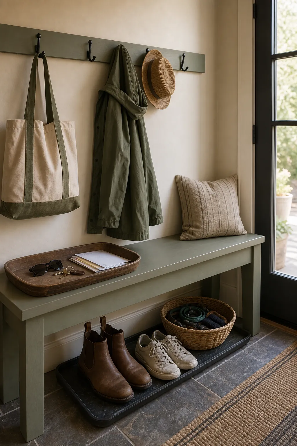 Entryway bench drop zone with hooks, tray, shoes, and edited storage