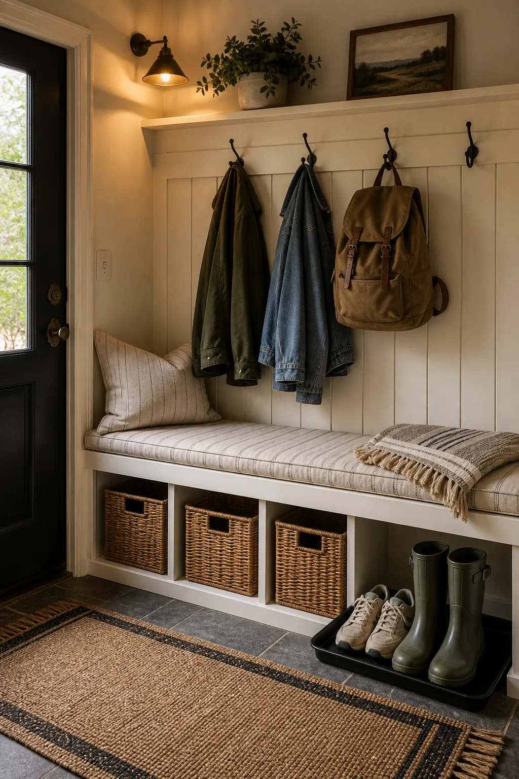 Mudroom entryway bench with cubbies, hooks, baskets, and boot tray