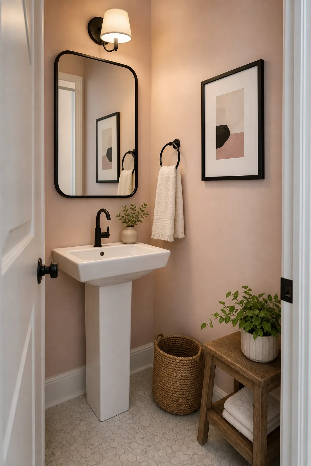 Small pink powder room with black details, warm light, and elegant bathroom decor