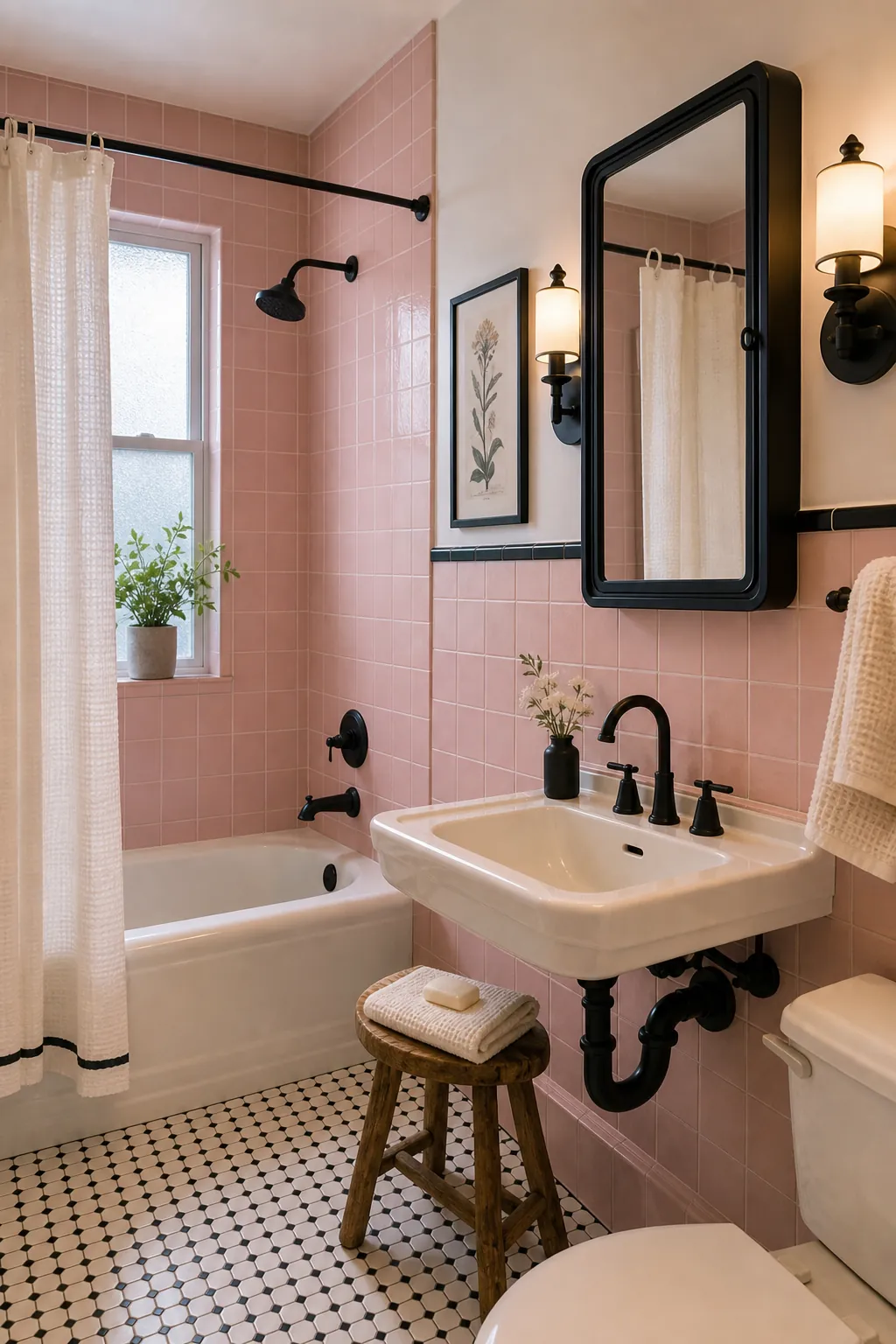 Vintage pink bathroom updated with modern black fixtures and soft lighting
