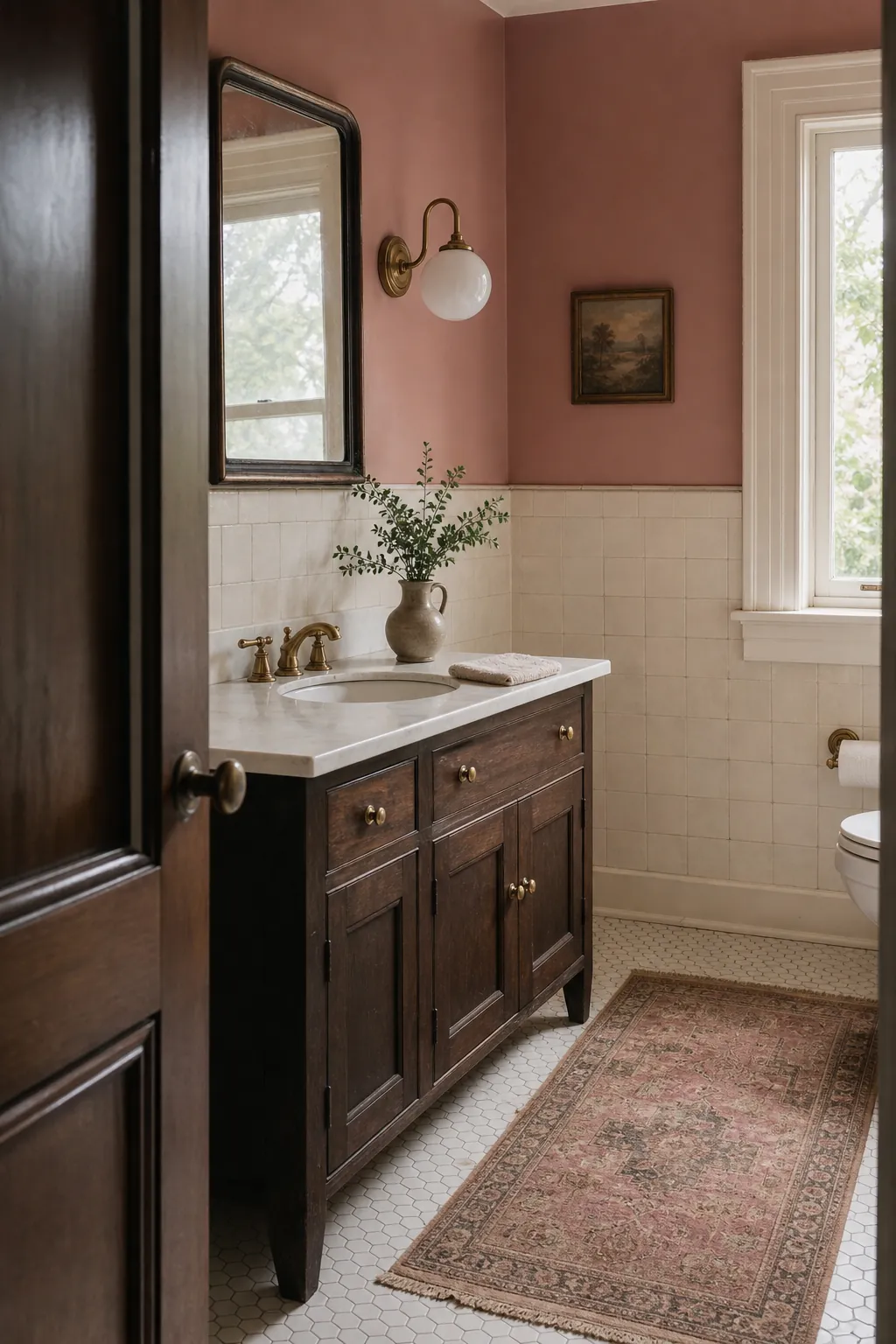 Vintage dusty pink bathroom balanced with cream tile and dark wood vanity