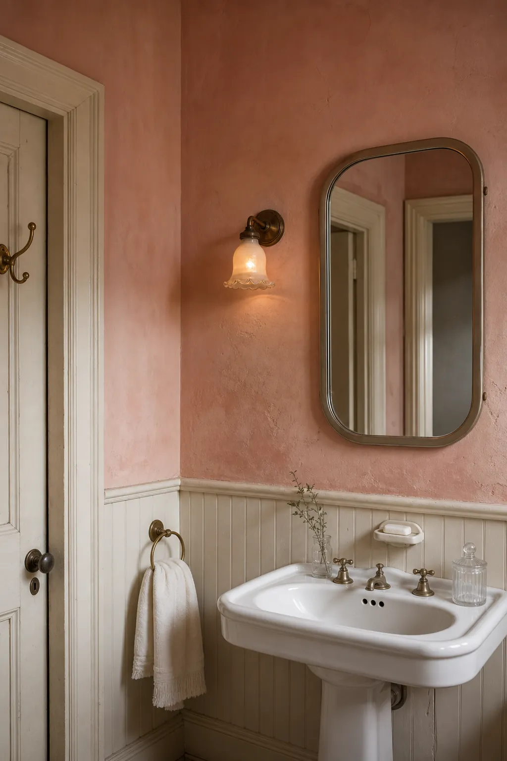 Dusty pink bathroom with vintage plaster walls and warm cream trim