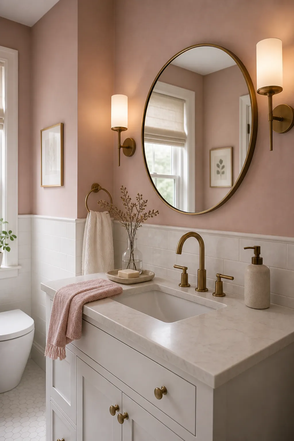 Dusty pink bathroom with aged brass mirror sconces and vintage fixtures