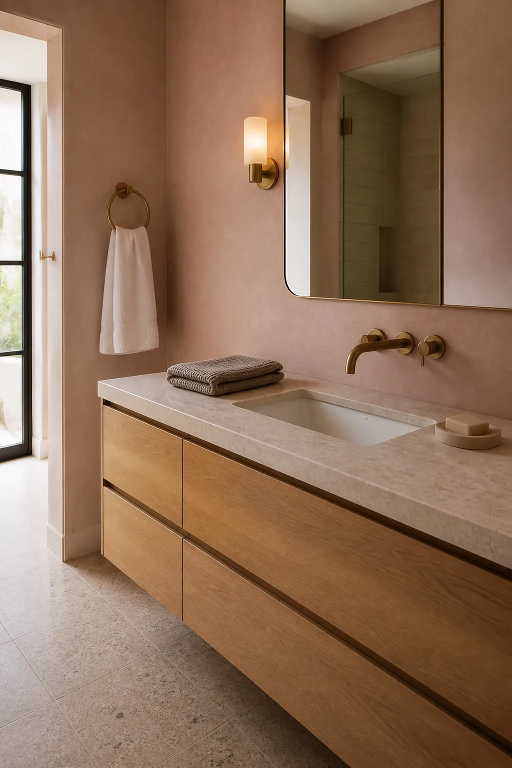 Blush bathroom vanity styled with neutral stone, oak drawers, and simple white towels