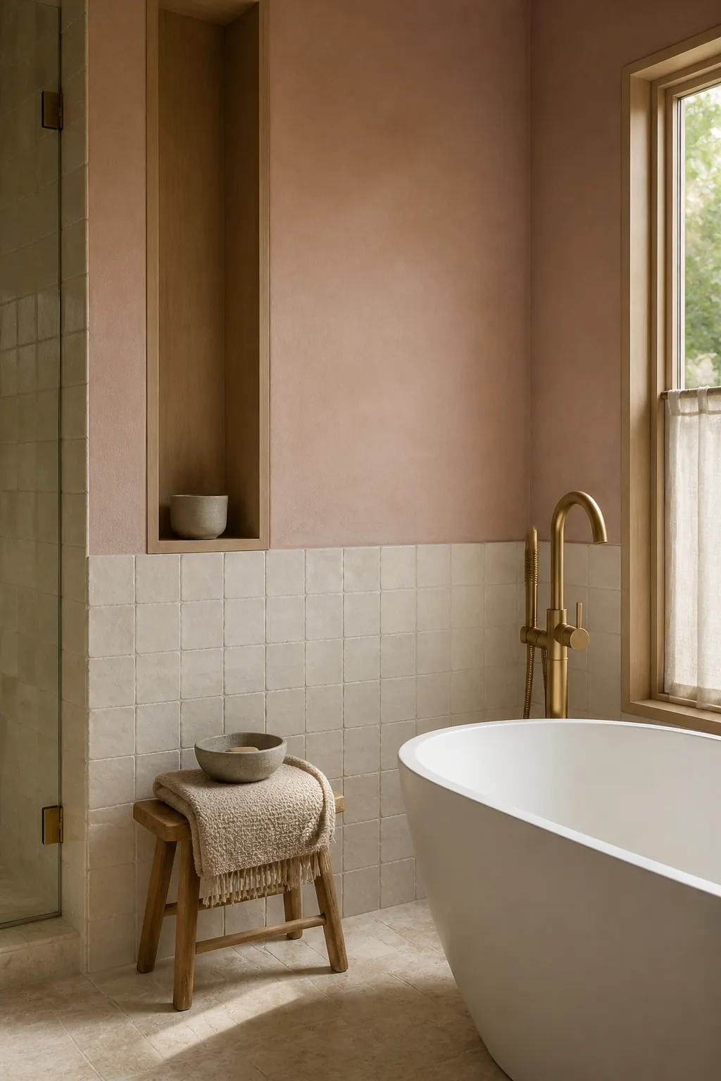 Soft pink bathroom wall paired with warm white tile and stone flooring