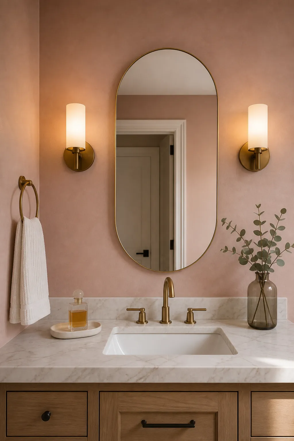 Elegant bathroom with blush walls, brushed brass fixtures, and white details