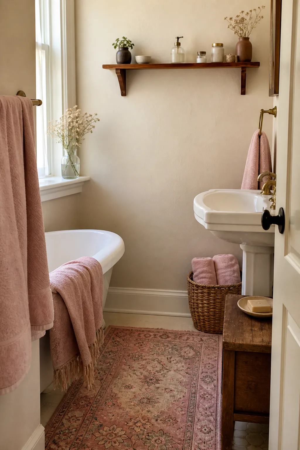 Dusty pink bathroom with soft towels vintage rug and warm storage details
