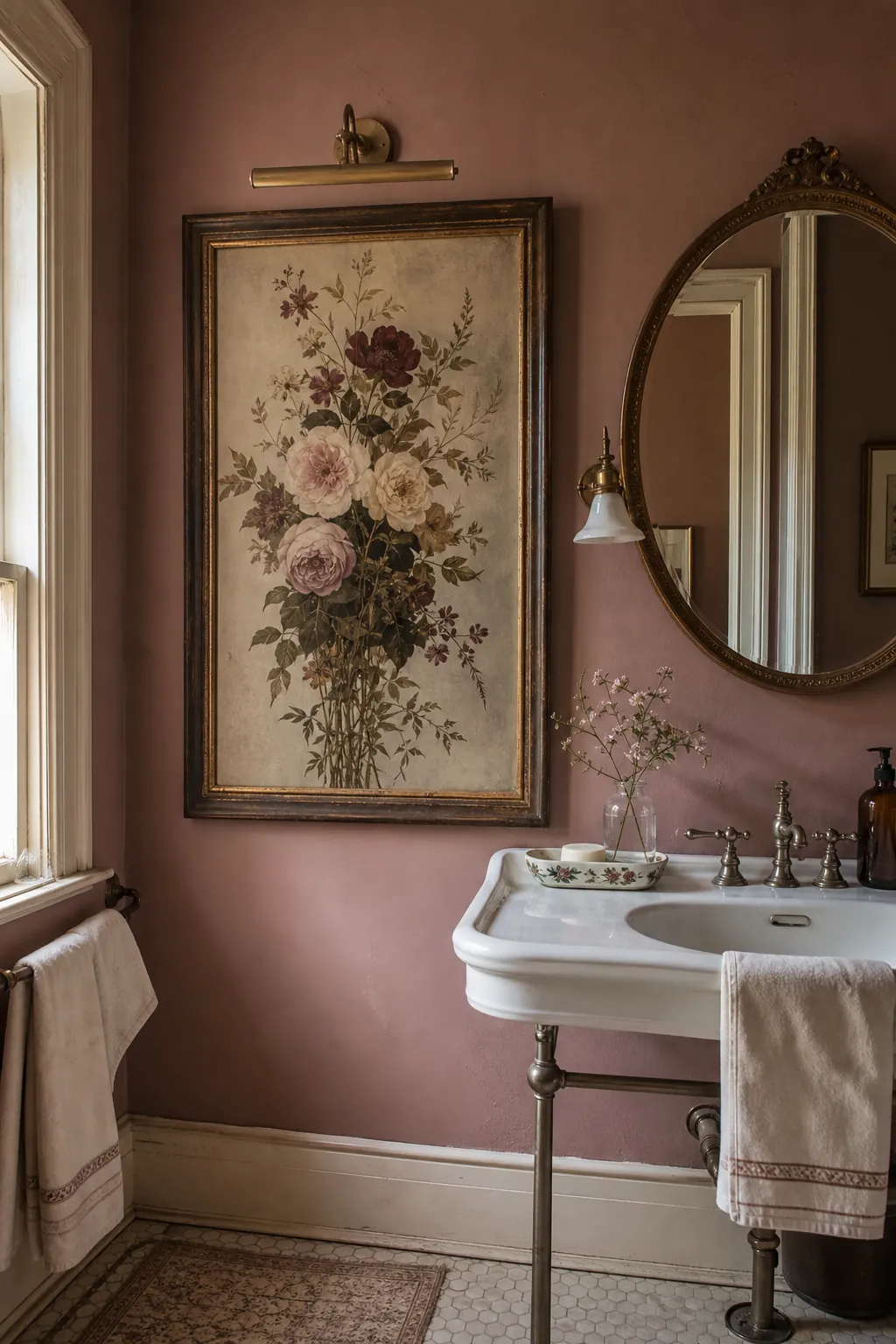 Dusty pink vintage bathroom styled with framed floral art and antique mirror