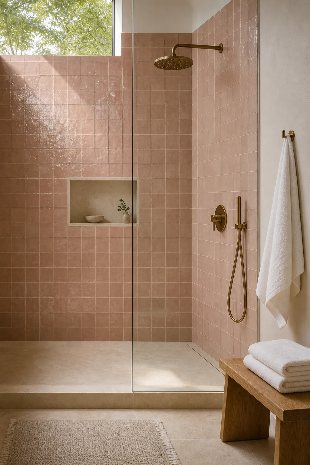 Muted blush shower tile balanced with white grout, brass hardware, and neutral stone