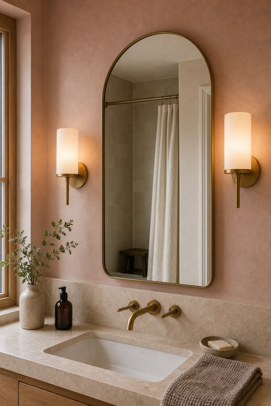 Calm blush bathroom mirror with warm sconces and flattering soft lighting