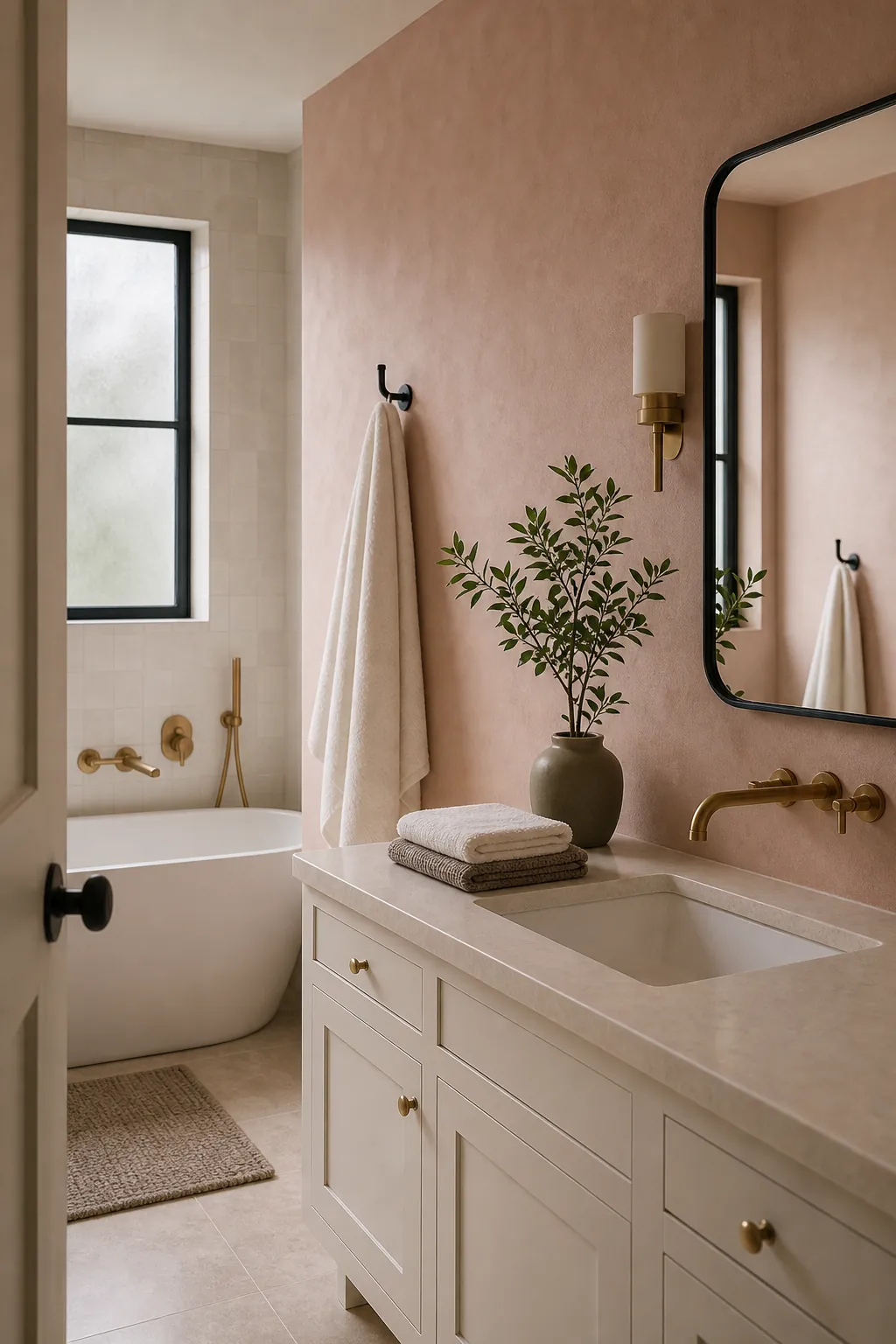 Blush bathroom with black accents, greenery, and neutral towels for grown-up contrast