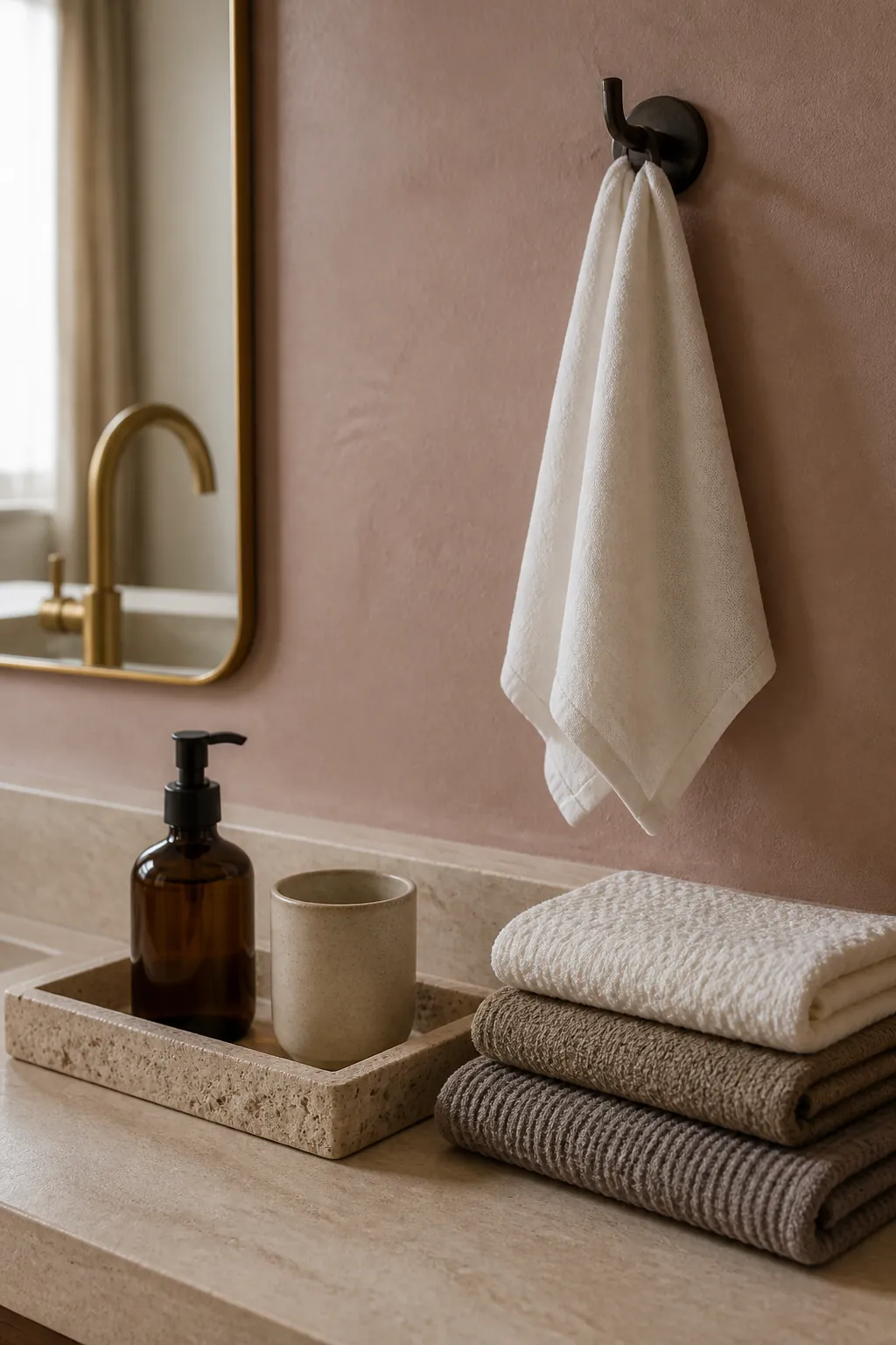 Blush bathroom accessories styled with linen towels, stone tray, and neutral ceramics