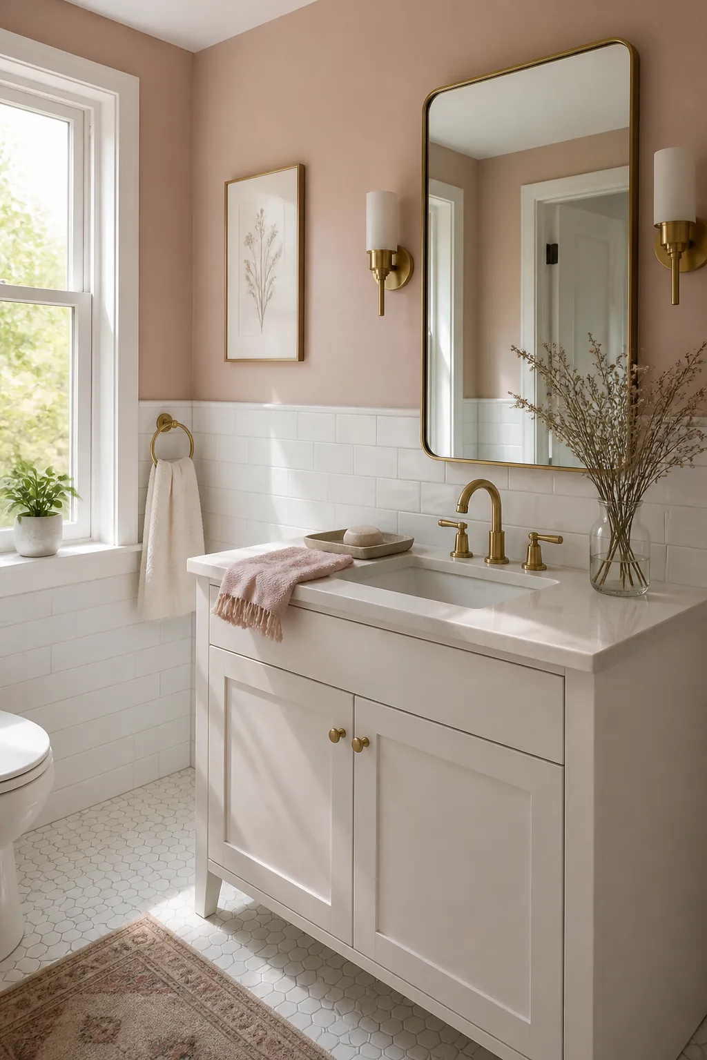 Muted soft pink bathroom wall with white vanity and calm grown up decor