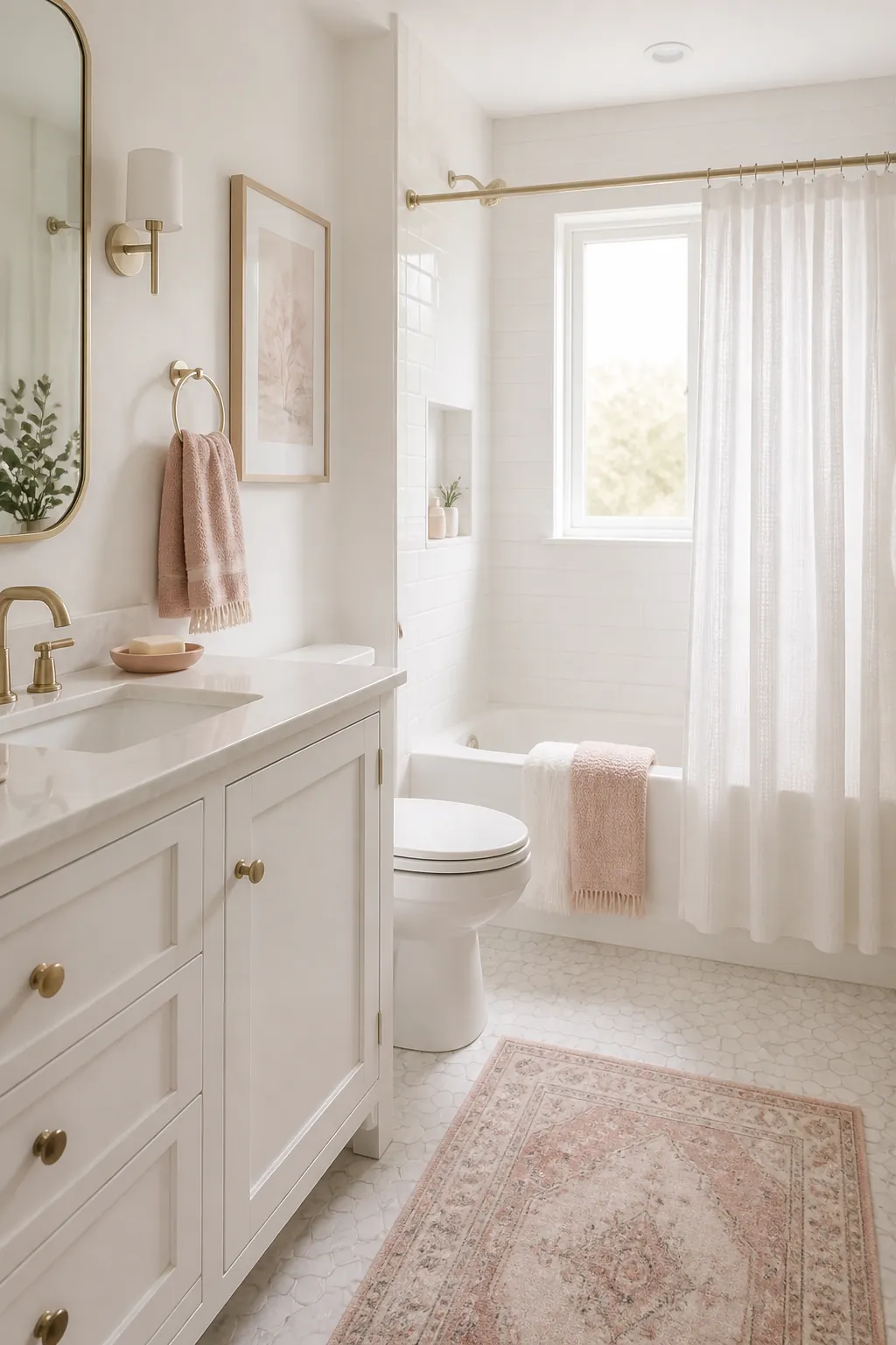 White bathroom with blush towels and soft pink decor for a calm bathroom look