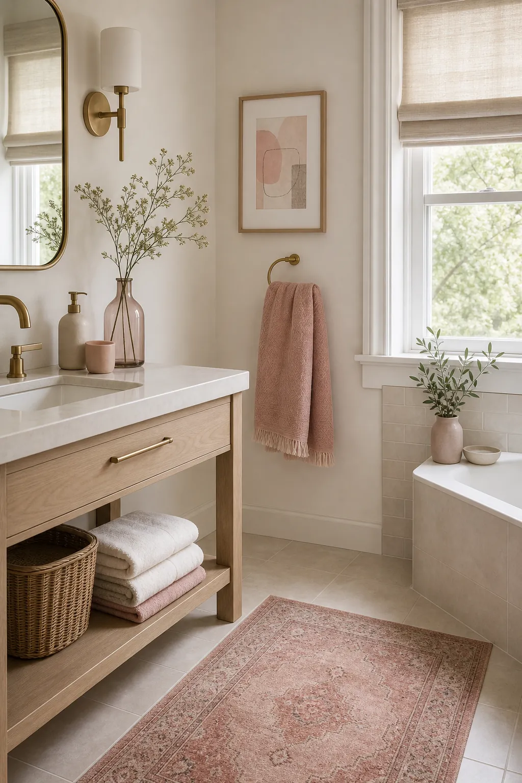 Layered soft pink bathroom decor with towels, art, and neutral tile