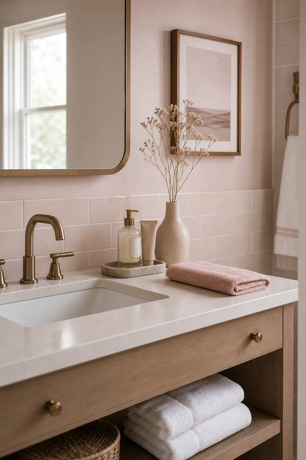Edited pink bathroom vanity decor with framed art, tray, and folded towels