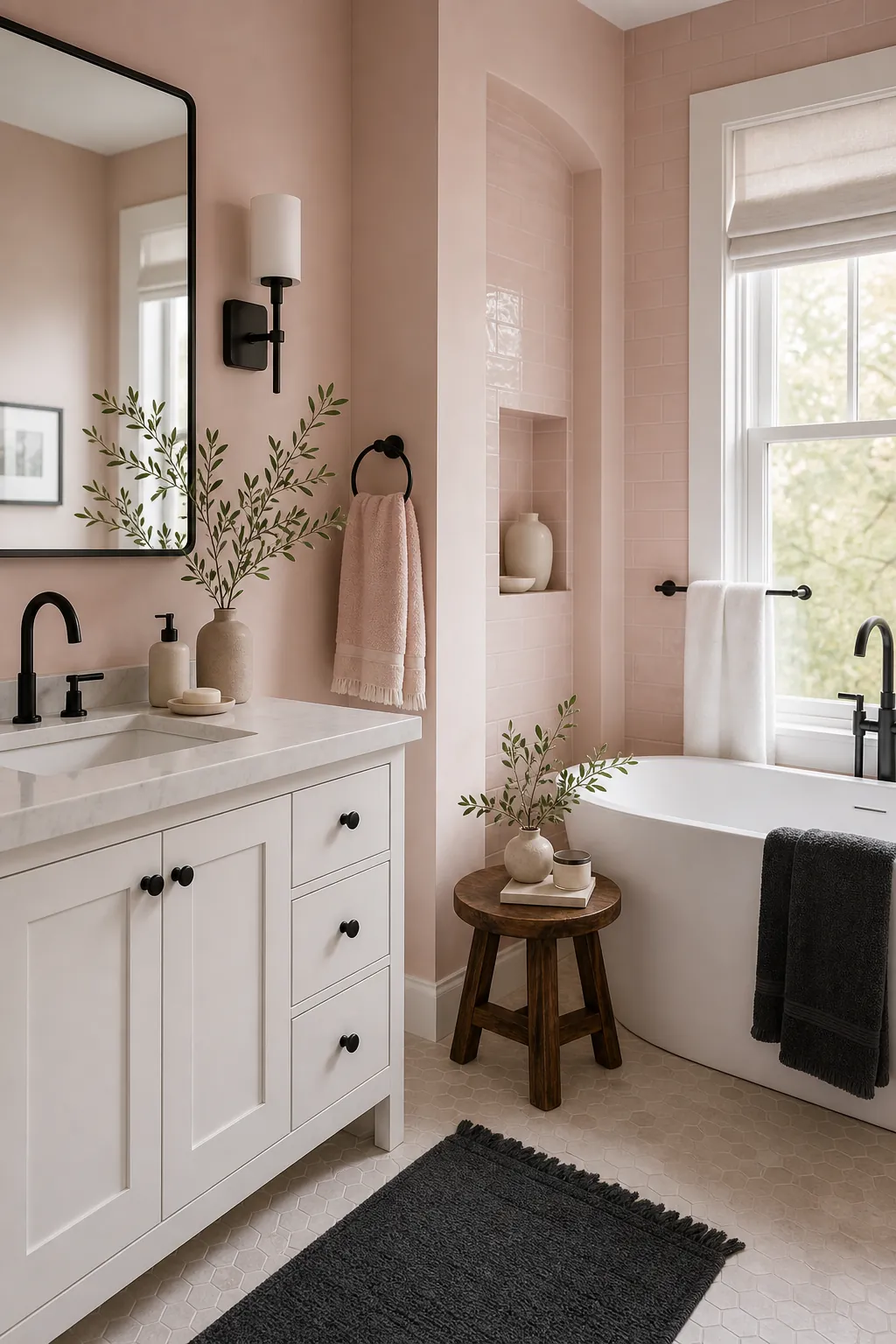 Soft pink bathroom with charcoal contrast, wood stool, and calm styling