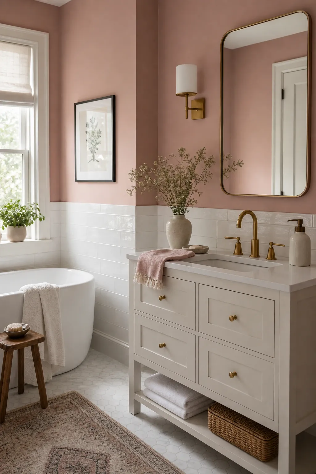 Elegant pink bathroom with brass accents and white details