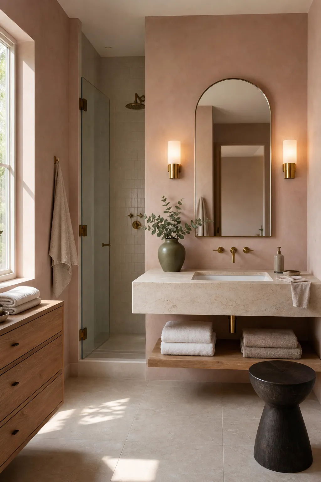 Blush pink vanity with brass sconces and white countertop