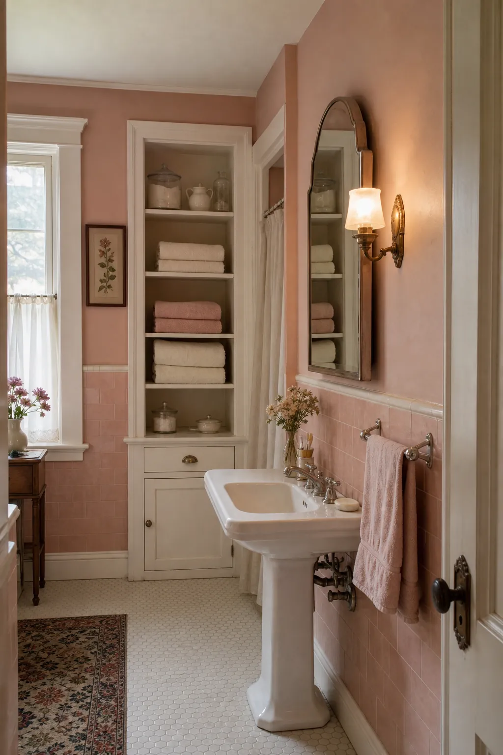 Styled white and brass vanity in a blush pink bathroom