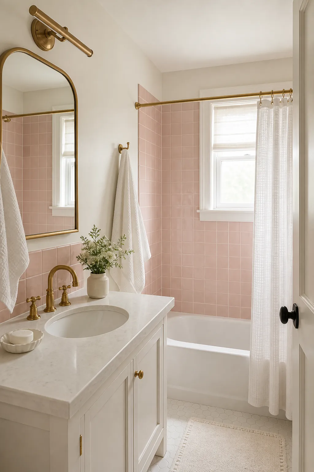 Warm brass lighting in a soft pink bathroom with white details