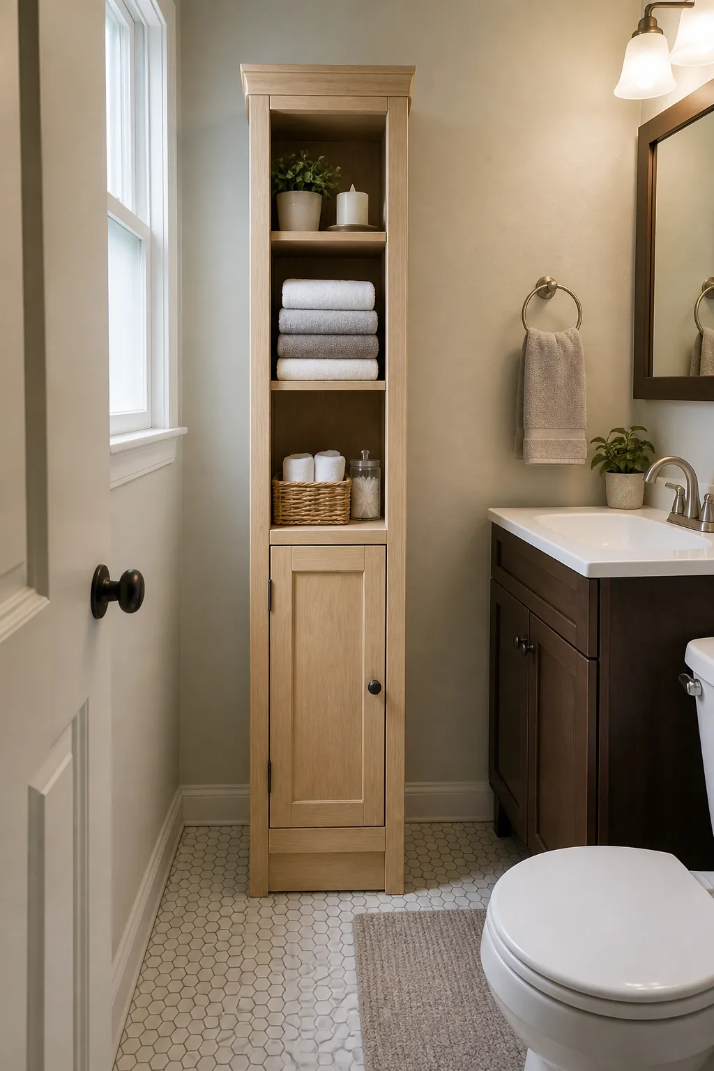 Narrow freestanding linen cabinet beside a vanity in a tiny bathroom