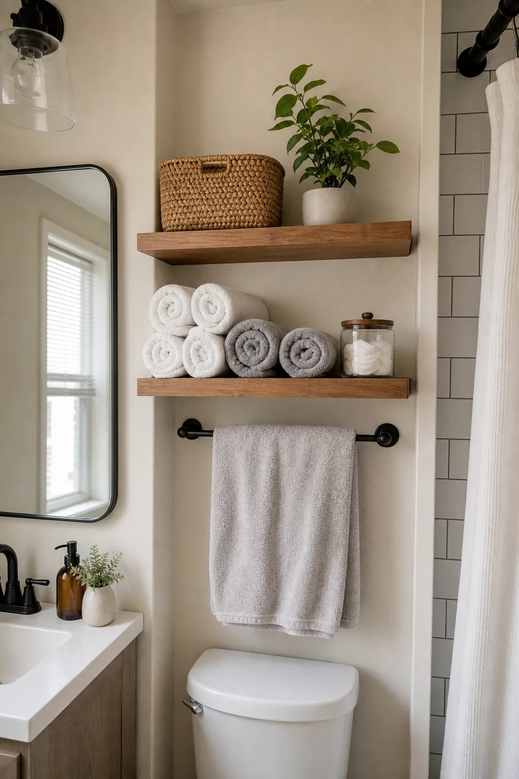 Small bathroom wall shelf with rolled towels and labeled baskets