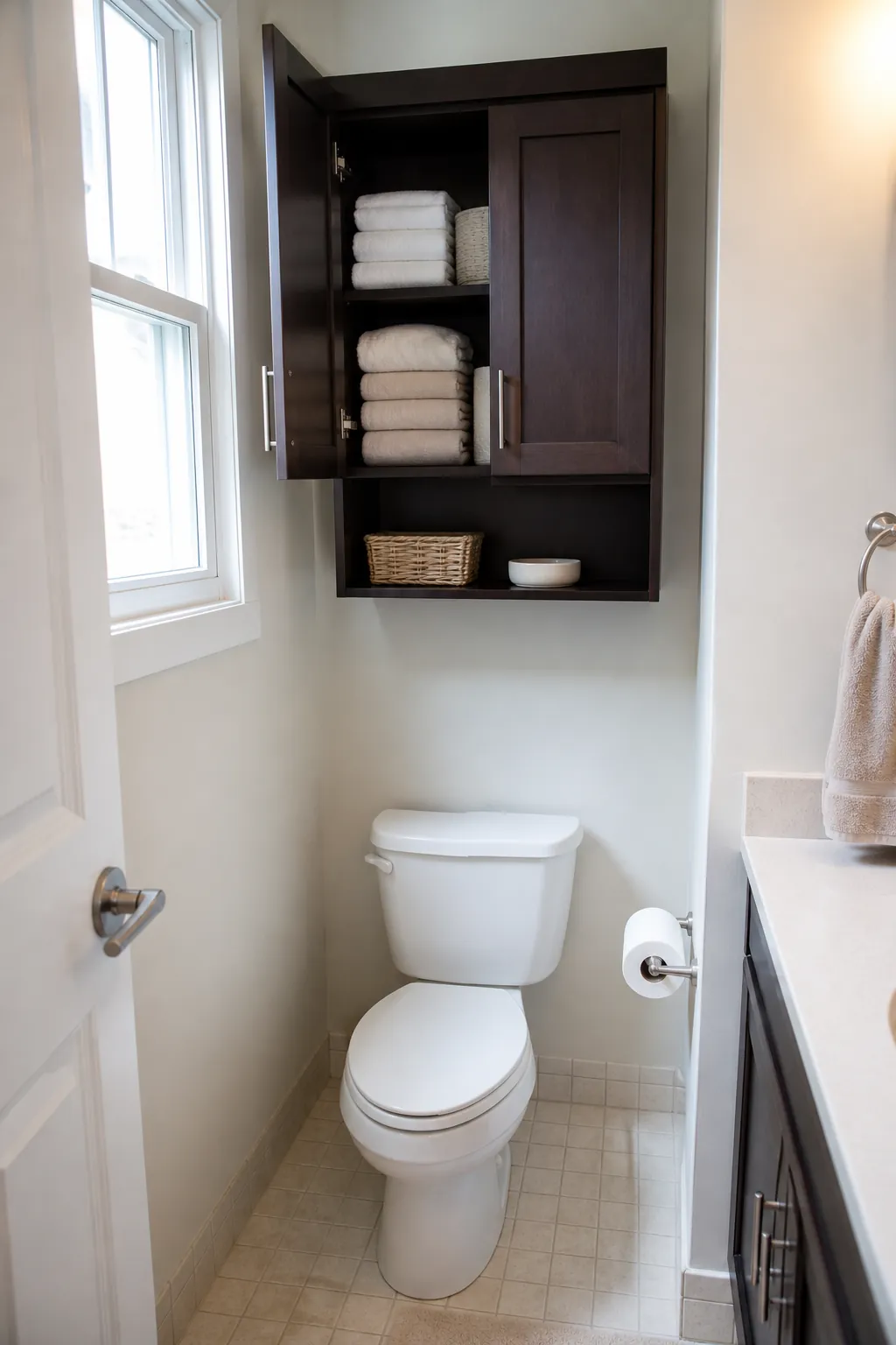 Tiny bathroom over toilet storage cabinet with folded towels and baskets