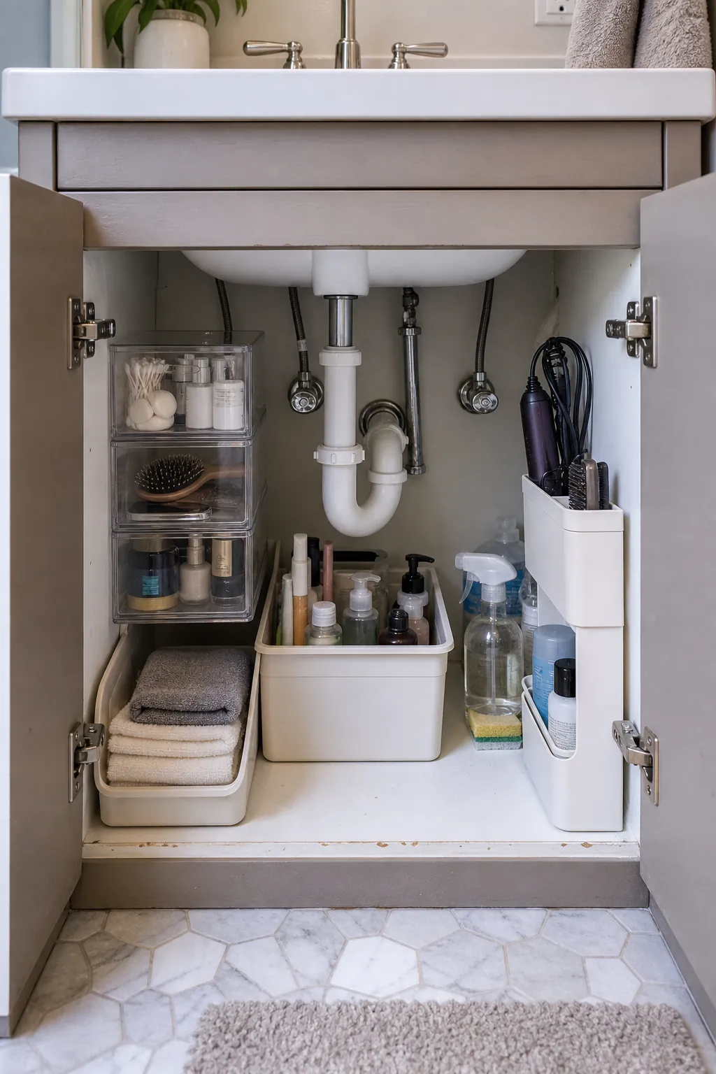 Under sink bathroom storage with pull out bins and small toiletries organized