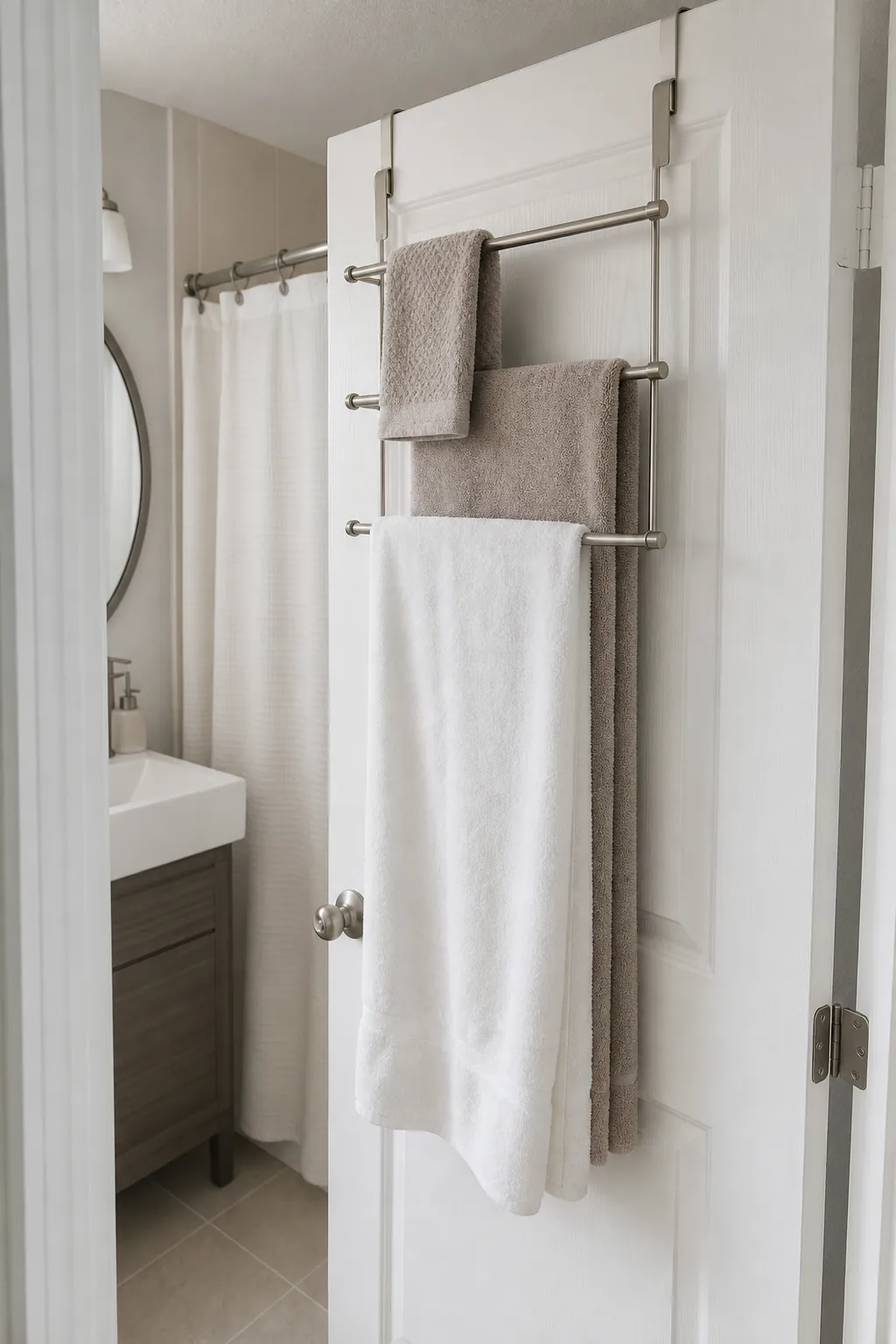 Over door towel bars in a tiny bathroom for drying towels neatly