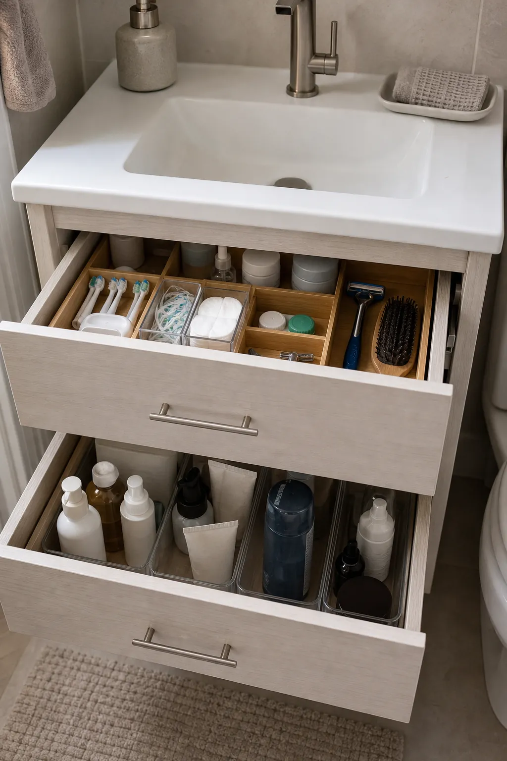 organized deep drawers inside a small bathroom vanity