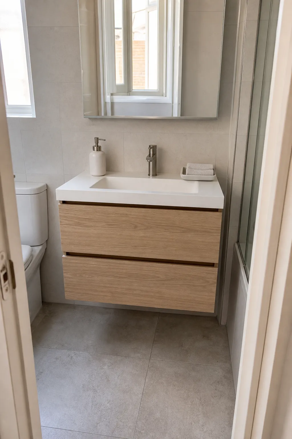 tiny bathroom with floating small vanity drawers and hidden storage
